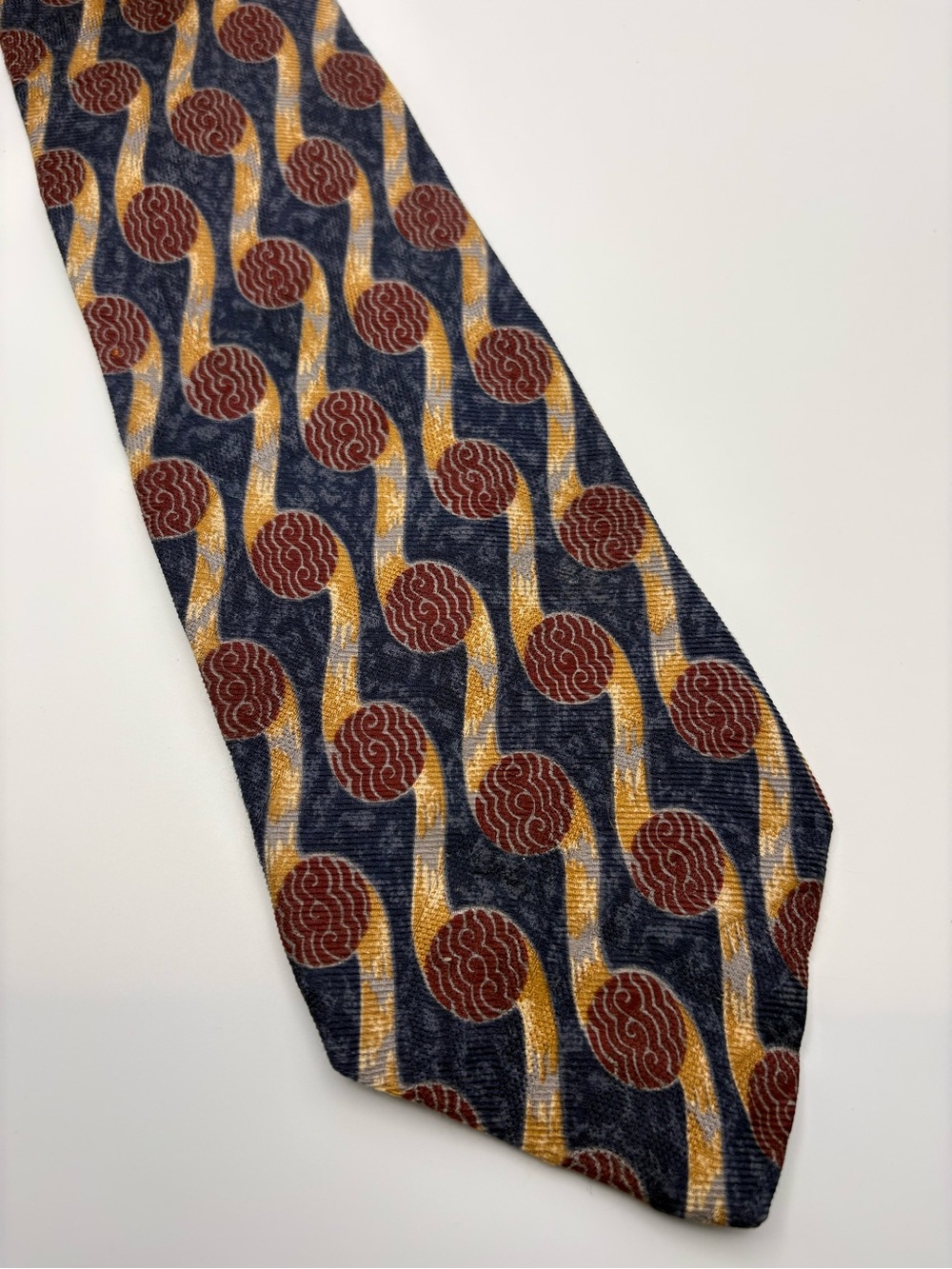 New England House Men's Silk Tie Blue Burgundy Gold Geometric 3.5x66” Extra Long